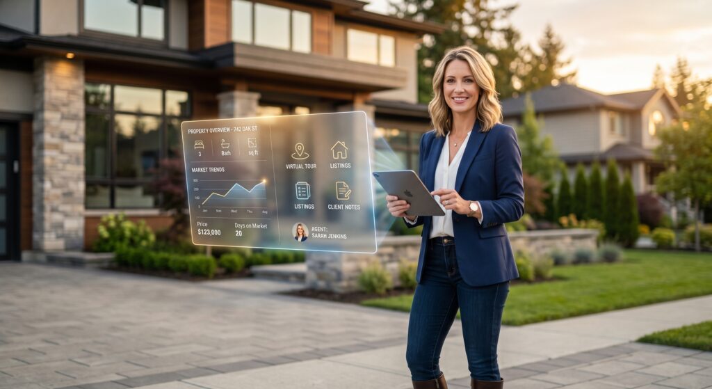 A smiling female real estate agent stands outside a modern home during a sunset, holding a tablet from which a transparent digital overlay displays property details, graphs, and icons like virtual tour and client notes.